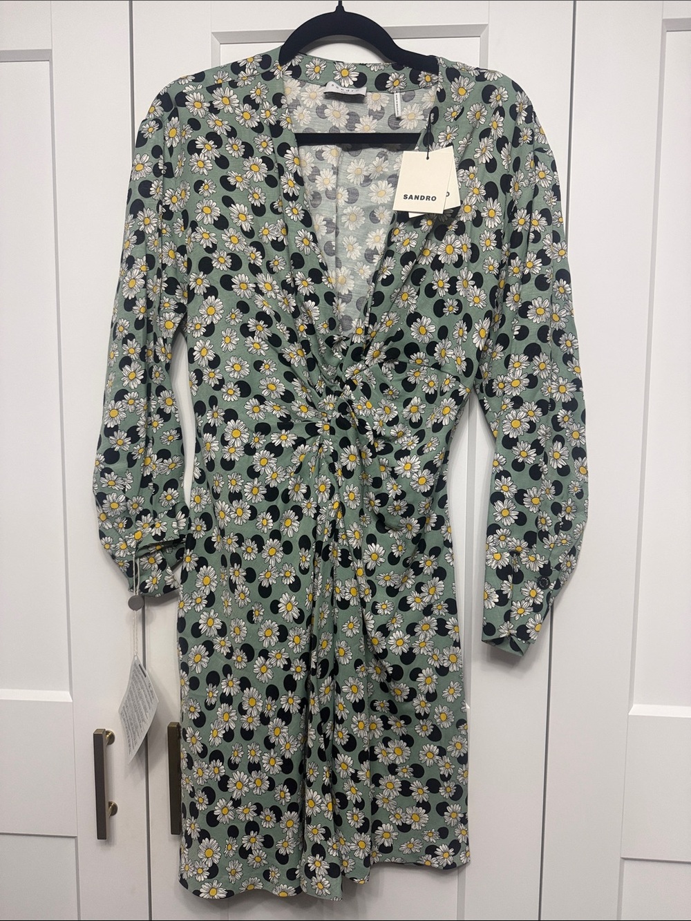 Sandro Sage Green Daisy-Print Twist-Waist Long Sleeve Dress